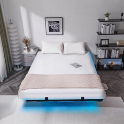 Floating King Bed Frame W/ Led Lights & Upholstered Headboard,charging Station - thumbnail 1