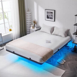 Floating King Bed Frame W/ Led Lights & Upholstered Headboard,charging Station - thumbnail 3