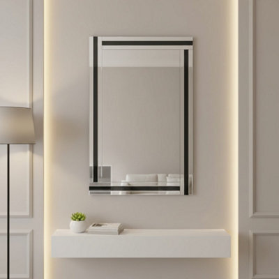 Biznest Triple Stripes Wall Mounted Mirror Rectangular Clear Glass Frame Large Bordered Edges Home Decor Silver & Black 90 X 60 Cm - image 1