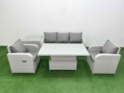 Fimous Pe Rattan Garden Furniture Set Reclining Chair Sofa Lounge Sofa Set Adjustable Lifting Table Side Table Light Grey - thumbnail 2