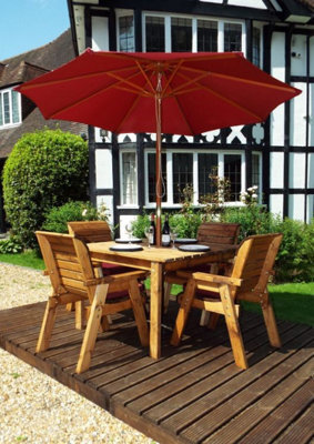 Charles Taylor 4 Seater Wooden Square Dining Table & Chairs Set Red Cushion - image 1