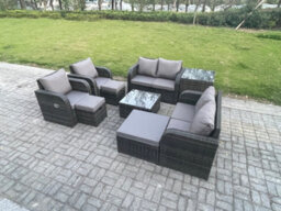 Fimous Garden Furniture Set Rattan Outdoor Lounge Sofa Chair With Tempered Glass Table 3 Footstools Side Table - thumbnail 2