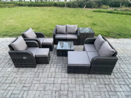 Fimous Garden Furniture Set Rattan Outdoor Lounge Sofa Chair With Tempered Glass Table 3 Footstools Side Table - thumbnail 1