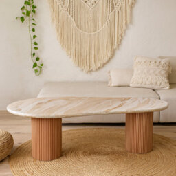 Wyld Haus Boston Oval Oak Pedestal Coffee Table With Brown Marble Top, 1200 X 400 mm - thumbnail 1