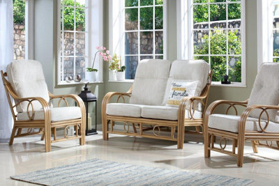 Desser Madrid Light Oak 3 Seater Sofa & 2 Armchairs Indoor Real Cane Rattan Conservatory Suite With Uk Sewn Cushions In Jasper - image 1