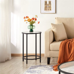 Yaheetech Black Metal Round Accent Table With Glass Top