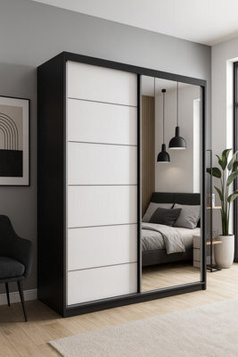Vista 05 150X200X61Cm Sliding Door Wardrobe With Mirror White Matt Front + Black Body - image 1