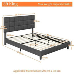 King (150X200Cm) Upholstered Bed With Adjustable Linen Tufted Square Headboard Dark Grey - thumbnail 2