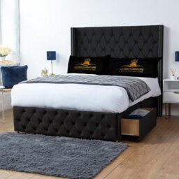 UKBEDFURNITURE Jasmine Black Plush Wingback Divan Bed 2 Foot End Drawers With 10 Inch Orthopaedic Mattress & 54 Inch Headboard - thumbnail 1