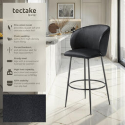 Tectake Bar Stool Luana - With Backrest, Velvet Look And Padded - Black/black, Set Of 6 - thumbnail 2