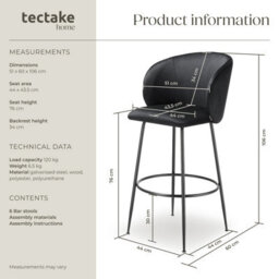 Tectake Bar Stool Luana - With Backrest, Velvet Look And Padded - Black/black, Set Of 6 - thumbnail 6