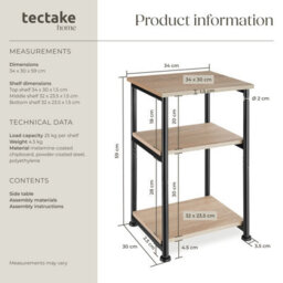Tectake Bedside Table Memphis - Industrial Style, With 3 Shelves, 34 X 30 X 59 Cm - Industrial Wood Light, Oak Sonoma - thumbnail 6