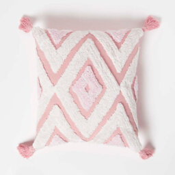Homescapes Geometric Ikat White & Pink Tufted Cotton Cushion With Tassels 45 X 45 Cm - thumbnail 1