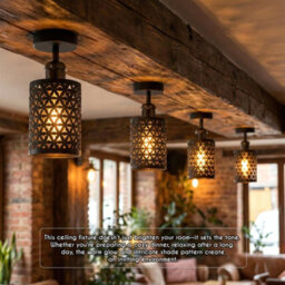 Black Ceiling Light Fixture, Industrial Chandeliers Ceiling Lights Metal Cage Lampshade, With E27 Base With Bulb - thumbnail 7