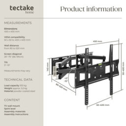 Tectake Television Bracket - 26-75 Inch Screens, Extendable, Tilt, Swivel, Width-Adjustable 100 Kg - Black - thumbnail 6