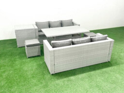 Fimous Rattan Garden Furniture Set 8 Seater Outdoor Sofa Set Dining Table Side Table 2 Small Stools Light Grey - thumbnail 1