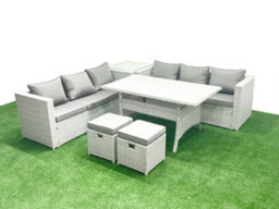 Fimous Rattan Garden Furniture Set 8 Seater Outdoor Sofa Set Dining Table Side Table 2 Small Stools Light Grey - thumbnail 2