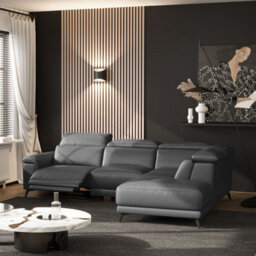 Valencia Pista Modern Top Grain Leather Reclining Sectional Right Hand Facing Chaise Sofa Black Stainless Steel Legs - thumbnail 4