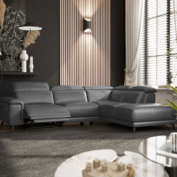 Valencia Pista Modern Top Grain Leather Reclining Sectional Right Hand Facing Chaise Sofa Black Stainless Steel Legs - thumbnail 2