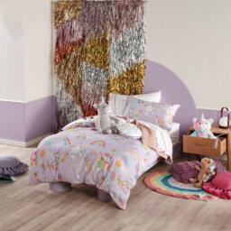 Linen House Kids Unicorniverse Reversible 100% Cotton Duvet Cover Set, Double, Purple