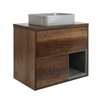 Homestylestore Dark Oak 800mm Wall Hung Bathroom Vanity Unit Rectangular Pebble Countertop Basin Open Shelf - image 1