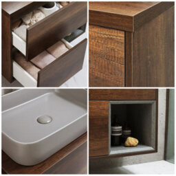 Homestylestore Dark Oak 800mm Wall Hung Bathroom Vanity Unit Rectangular Pebble Countertop Basin Open Shelf - thumbnail 2