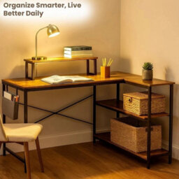 L-Shaped Home Computer Desk Table Writing With Fabric Pocket Hook Storage Shelf - thumbnail 3
