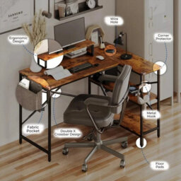 L-Shaped Home Computer Desk Table Writing With Fabric Pocket Hook Storage Shelf - thumbnail 5