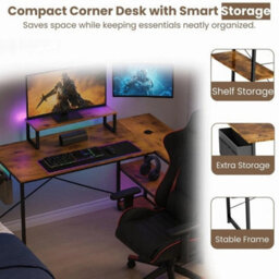 L-Shaped Home Computer Desk Table Writing With Fabric Pocket Hook Storage Shelf - thumbnail 4