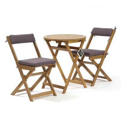 Suntime Harley Acacia Wood Folding 3-Piece Balcony Bistro Set With Grey Cushions