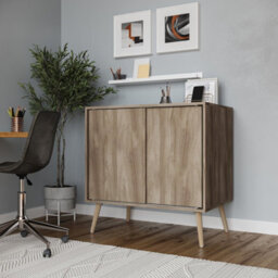 Urbn-Living Urbnliving 2-Door Sliding Chest Cabinet Sideboard Oak Carcass Closet Storage Cupboard Organiser With Pine Legs - thumbnail 2