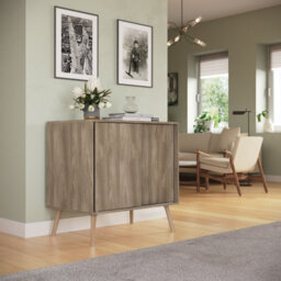 Urbn-Living Urbnliving 2-Door Sliding Chest Cabinet Sideboard Oak Carcass Closet Storage Cupboard Organiser With Pine Legs - thumbnail 3