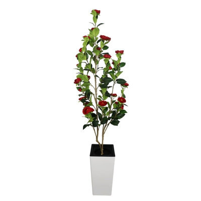 London Boutique 150 Cm Artificial Camellia Tree, Tall Red Planter, Faux Flower Tree, Indoor Outdoor Decor, Entryway Living Room - image 1