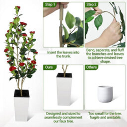 London Boutique 150 Cm Artificial Camellia Tree, Tall Red Planter, Faux Flower Tree, Indoor Outdoor Decor, Entryway Living Room - thumbnail 3