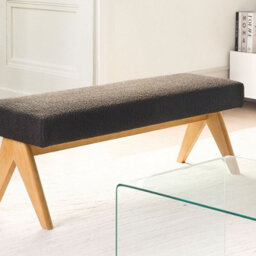 Wyld And Coco Bouclé Bench Black With Light Brown Rubberwood Legs, Rectangular Hallway Seat W118 X D46 X H48Cm - thumbnail 2