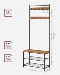 Songmics Vasagle Hallway Storage Stand, Entryway Coat Rack With Bench, Shoe Organizer, Industrial Style, Walnut Brown And Black - thumbnail 2