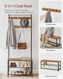 Songmics Vasagle Hallway Storage Stand, Entryway Coat Rack With Bench, Shoe Organizer, Industrial Style, Walnut Brown And Black - thumbnail 4