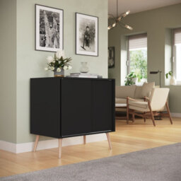 Urbn-Living Urbnliving 2-Door Sliding Chest Cabinet Sideboard Black Carcass Closet Storage Cupboard Organiser With Beech Legs - thumbnail 2