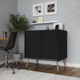 Urbn-Living Urbnliving 2-Door Sliding Chest Cabinet Sideboard Black Carcass Closet Storage Cupboard Organiser With Beech Legs - thumbnail 3