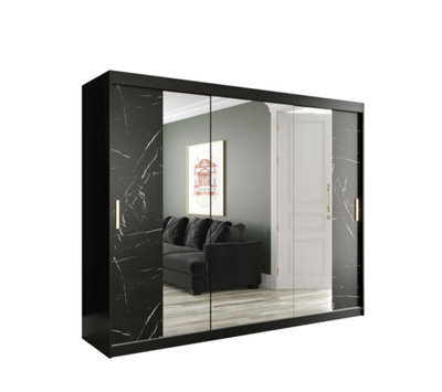 Arte Elegant Black Geneva T2 Sliding Door Wardrobe W2500mm H2000mm D620mm - Mirrored Doors, Gold Handles, Expansive Storage - image 1