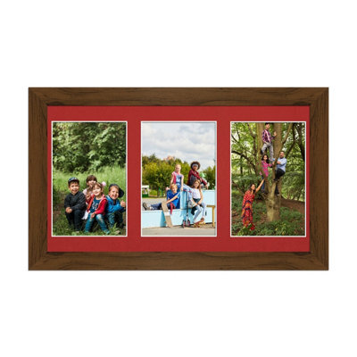 AK Frames 40X20Cm Walnut Modern Multi Photo Frame With Crimson Mount - Holds 3 Apertures (3X) 6X4 Photos - image 1