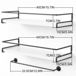 Living And Home Set Of 2 Wall Mounted Floating Shelves White Paulownia Wood Black Frame With Towel Rail - thumbnail 9