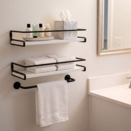 Living And Home Set Of 2 Wall Mounted Floating Shelves White Paulownia Wood Black Frame With Towel Rail - thumbnail 1