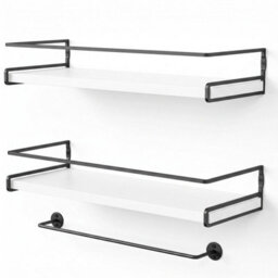 Living And Home Set Of 2 Wall Mounted Floating Shelves White Paulownia Wood Black Frame With Towel Rail - thumbnail 4