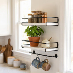 Living And Home Set Of 2 Wall Mounted Floating Shelves White Paulownia Wood Black Frame With Towel Rail - thumbnail 2