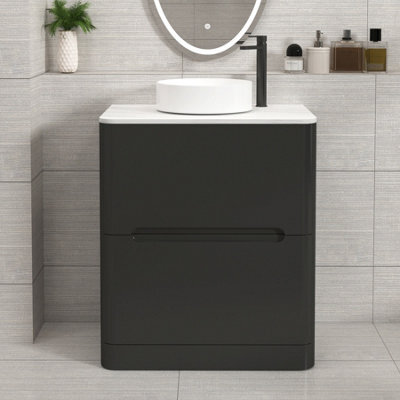 Royal Bathrooms Venice 700mm Matt Nocturne Black Freestanding Vanity Unit 2 Drawer Carrara White Undrilled Worktop & Without Basin - image 1
