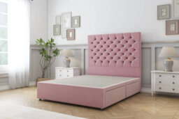 "Sloomy Mayfair Pink Plush Divan Bed Base 2 Drawers Same Side With 26"" Strutted Headboard 4' Small Double"