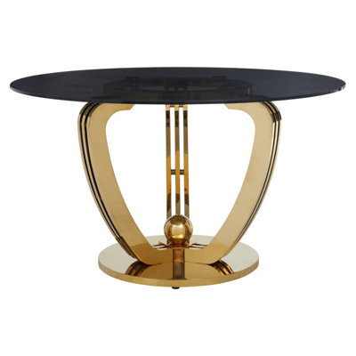 Premier Housewares Interiors By Premier Grey Tempered Glass Dining Table, Brushed Gold Stainless Steel Frame, Modern Cross-Brace Design Dining Table - image 1