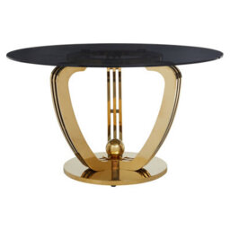 Premier Housewares Interiors By Premier Grey Tempered Glass Dining Table, Brushed Gold Stainless Steel Frame, Modern Cross-Brace Design Dining Table - thumbnail 1