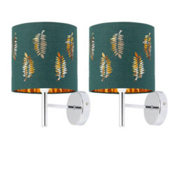 First Choice Lighting Set Of 2 Brea - Chrome Wall Lights With Dark Green Fern Shades